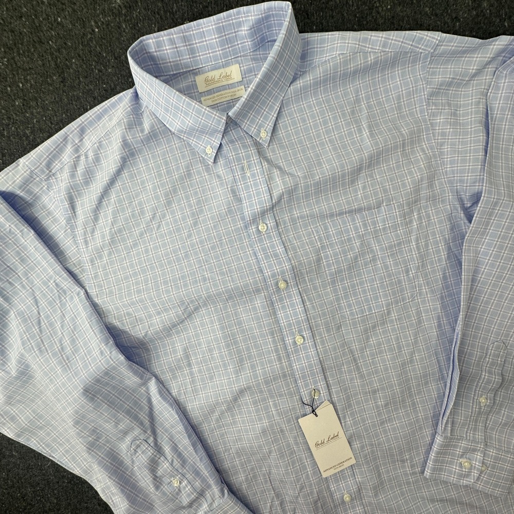 Roundtree & Yorke Gold Label Shirt Men 18 36/37 Tall Blue Plaid Non-Iron Poplin